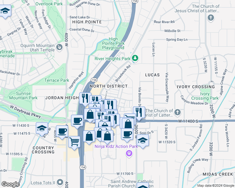 map of restaurants, bars, coffee shops, grocery stores, and more near 3714 Jacinda Lane in South Jordan