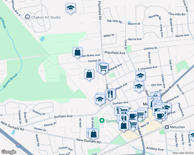 map of restaurants, bars, coffee shops, grocery stores, and more near 2 Leonard Street in Metuchen