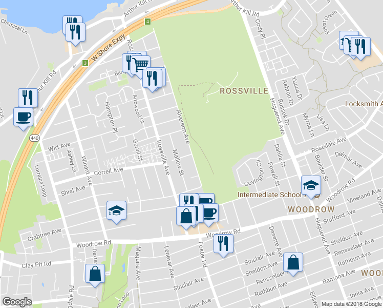 map of restaurants, bars, coffee shops, grocery stores, and more near 504 Correll Avenue in Staten Island