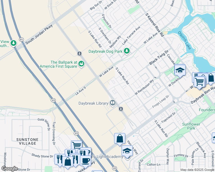 map of restaurants, bars, coffee shops, grocery stores, and more near 5263 West Reventon Drive in South Jordan