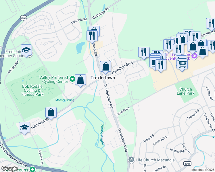 map of restaurants, bars, coffee shops, grocery stores, and more near 1181 Trexlertown Road in Trexlertown