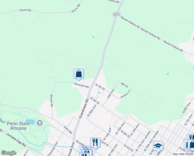 map of restaurants, bars, coffee shops, grocery stores, and more near 634 Grandview Road in Altoona