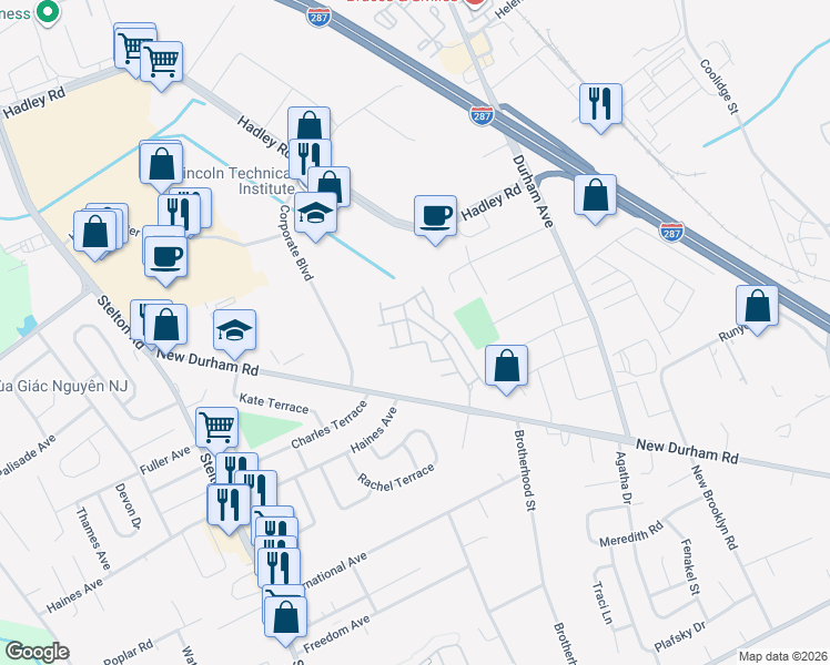 map of restaurants, bars, coffee shops, grocery stores, and more near 422 Lucy Court in South Plainfield