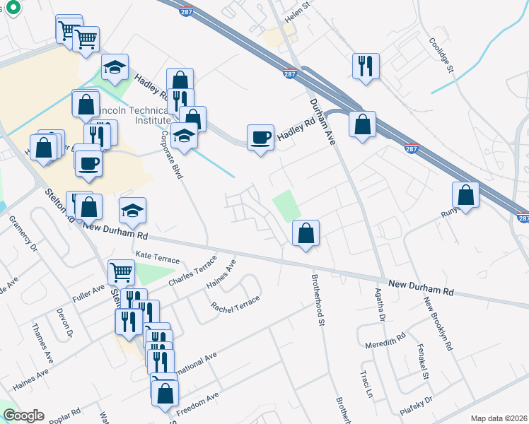 map of restaurants, bars, coffee shops, grocery stores, and more near 422 Lucy Court in South Plainfield