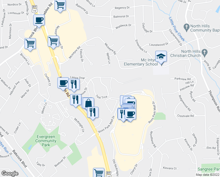 map of restaurants, bars, coffee shops, grocery stores, and more near 2606 Fox Hollow Drive in Pittsburgh