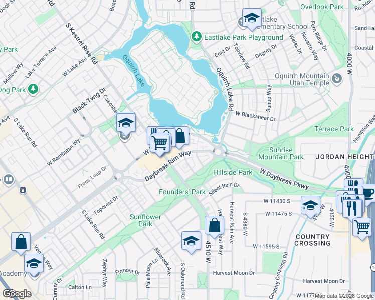 map of restaurants, bars, coffee shops, grocery stores, and more near 4605 Daybreak Rim Way in South Jordan