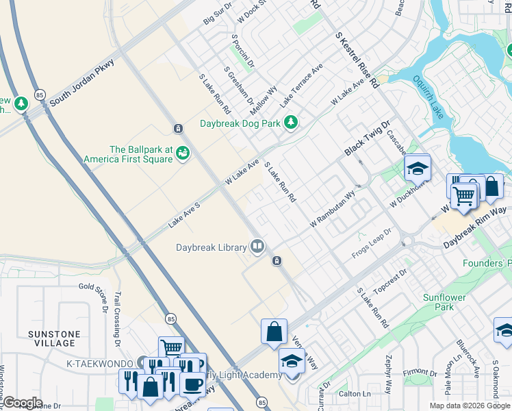 map of restaurants, bars, coffee shops, grocery stores, and more near South Grandville Avenue in South Jordan