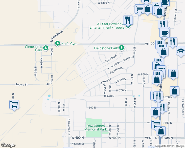 map of restaurants, bars, coffee shops, grocery stores, and more near 376 Alfred Drive in Tooele