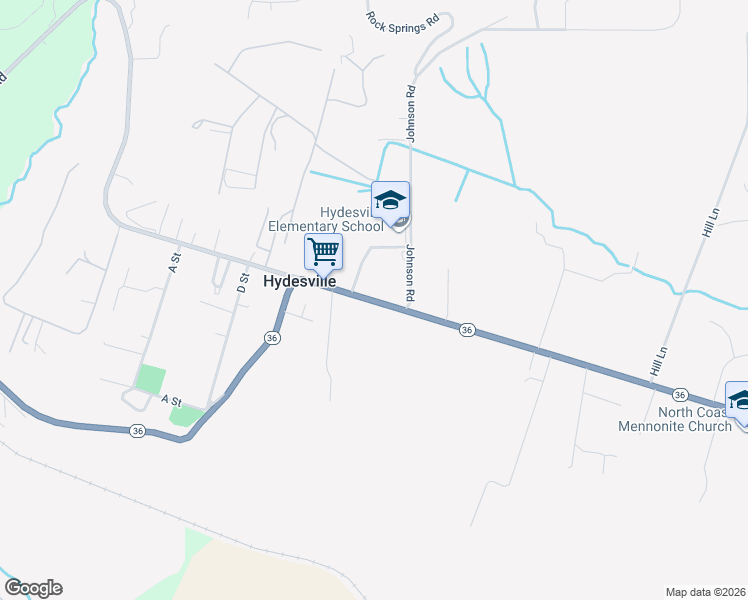 map of restaurants, bars, coffee shops, grocery stores, and more near 3568 Highway 36 in Hydesville