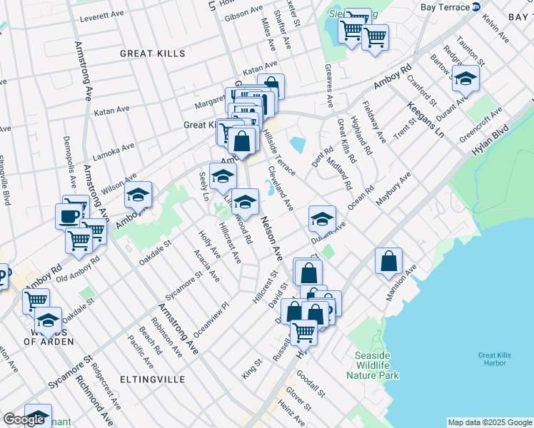 map of restaurants, bars, coffee shops, grocery stores, and more near 160 Nelson Avenue in Staten Island