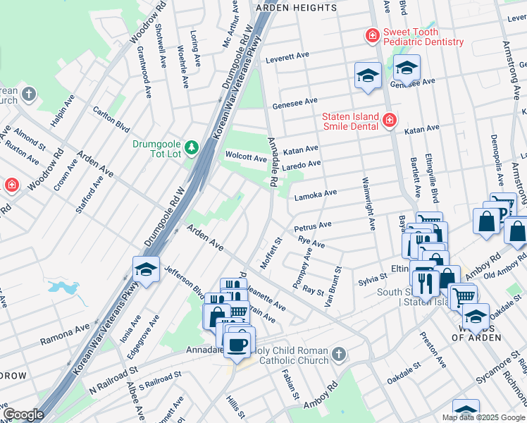 map of restaurants, bars, coffee shops, grocery stores, and more near 639 Annadale Road in Staten Island
