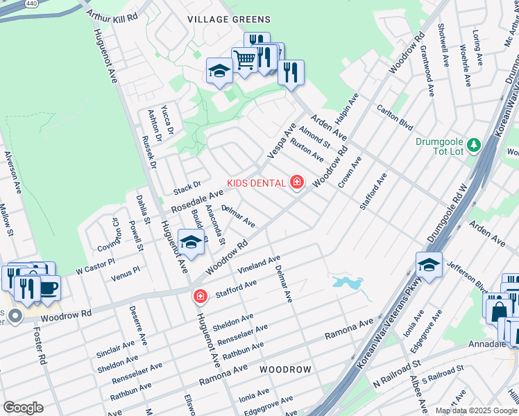 map of restaurants, bars, coffee shops, grocery stores, and more near 817 Woodrow Road in Staten Island