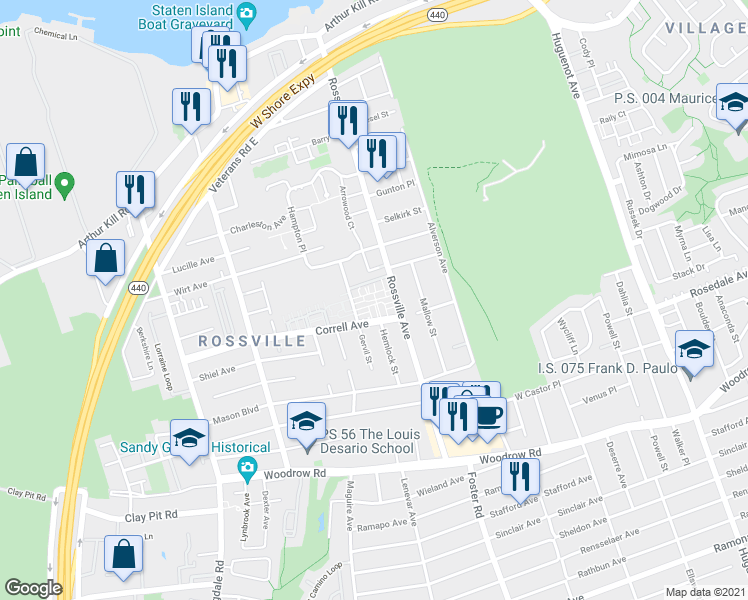 map of restaurants, bars, coffee shops, grocery stores, and more near 547 Correll Avenue in Staten Island