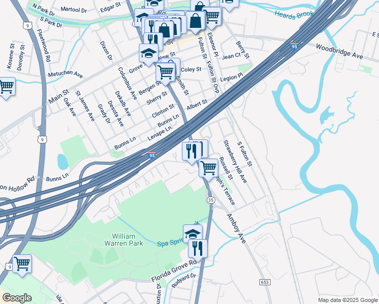 map of restaurants, bars, coffee shops, grocery stores, and more near 1301 Cricket Lane in Woodbridge Township