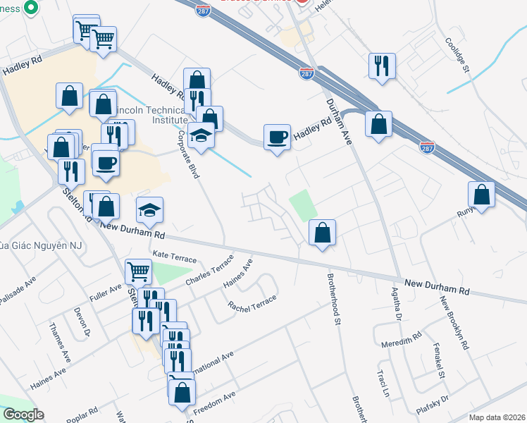 map of restaurants, bars, coffee shops, grocery stores, and more near 422 Lucy Court in South Plainfield