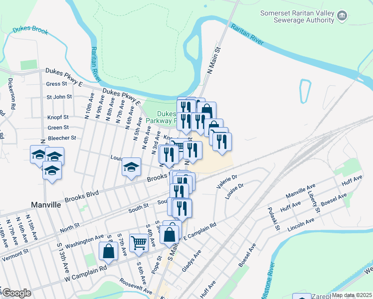 map of restaurants, bars, coffee shops, grocery stores, and more near 40 North Main Street in Manville