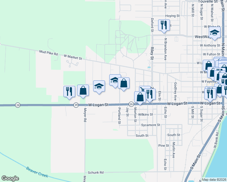 map of restaurants, bars, coffee shops, grocery stores, and more near 1103 West Logan Street in Celina