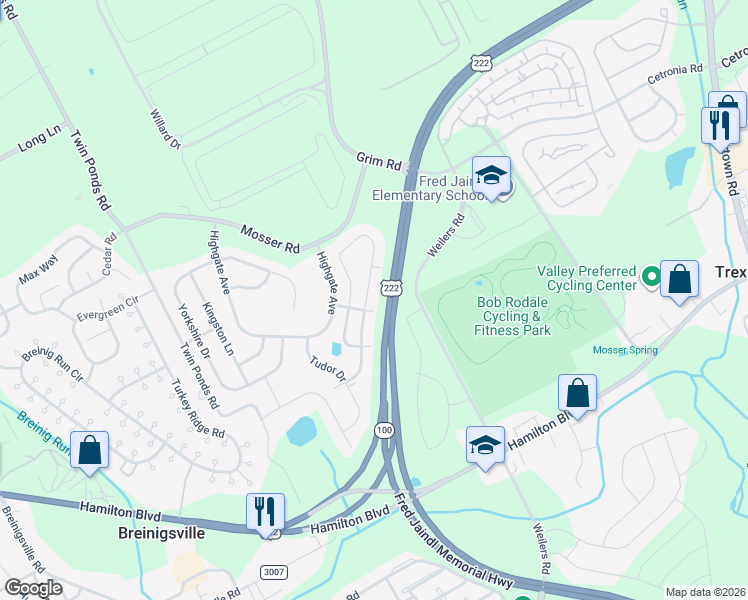 map of restaurants, bars, coffee shops, grocery stores, and more near 1069 King Way in Breinigsville