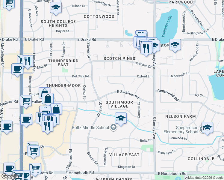 map of restaurants, bars, coffee shops, grocery stores, and more near 713 East Swallow Road in Fort Collins