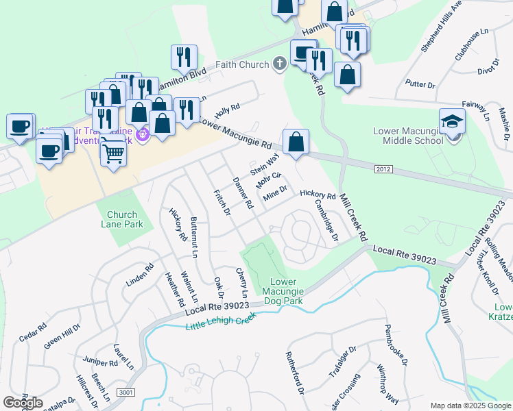 map of restaurants, bars, coffee shops, grocery stores, and more near 1459 Mohr Circle in Macungie