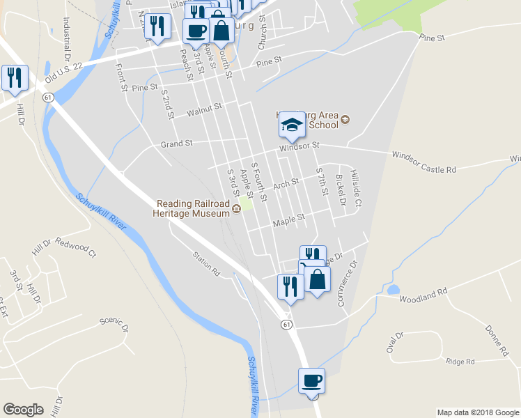 map of restaurants, bars, coffee shops, grocery stores, and more near 528 South Fourth Street in Hamburg