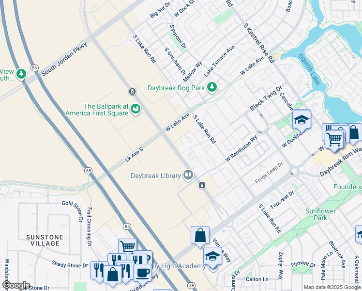 map of restaurants, bars, coffee shops, grocery stores, and more near 5233 West Reventon Drive in South Jordan