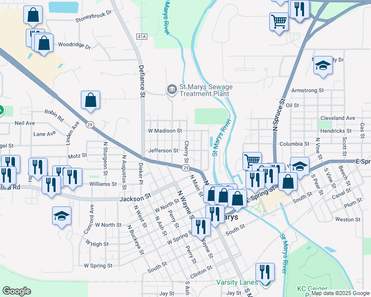 map of restaurants, bars, coffee shops, grocery stores, and more near 123 North Cherry Street in Celina