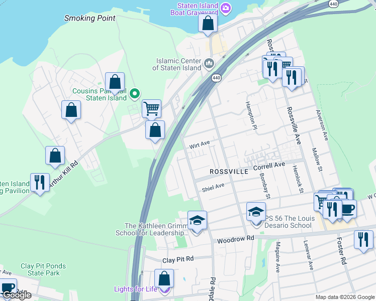 map of restaurants, bars, coffee shops, grocery stores, and more near 14 Lorraine Loop in Staten Island