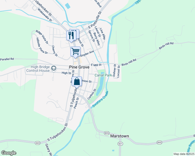 map of restaurants, bars, coffee shops, grocery stores, and more near 38 Carbon Street in Pine Grove