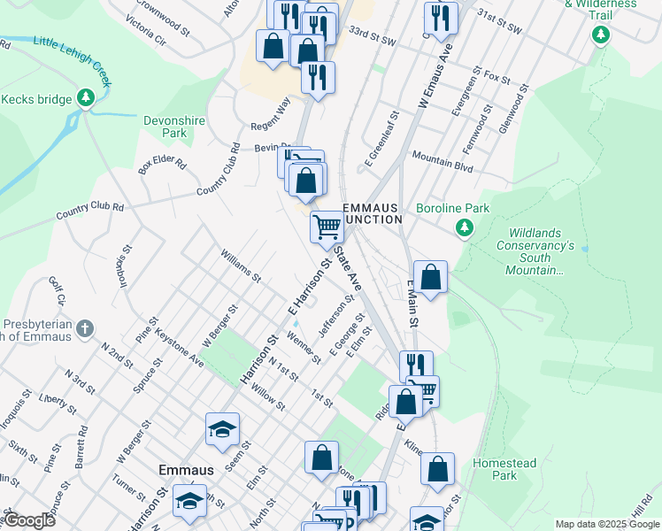 map of restaurants, bars, coffee shops, grocery stores, and more near 218 East Harrison Street in Emmaus