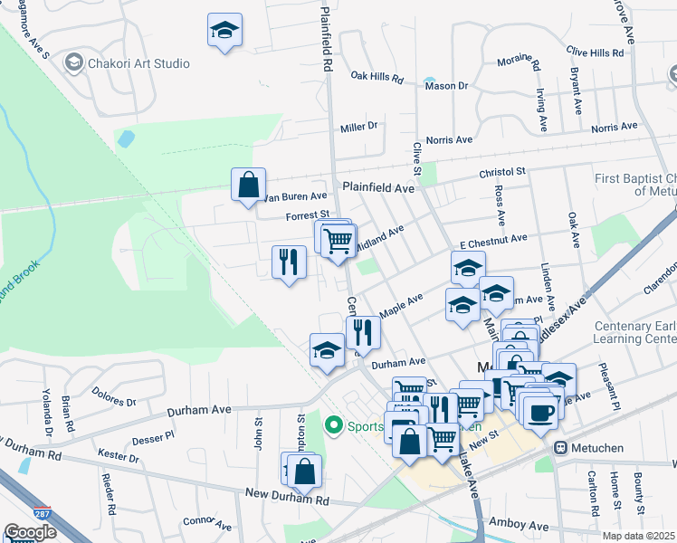 map of restaurants, bars, coffee shops, grocery stores, and more near 279 Central Avenue in Metuchen