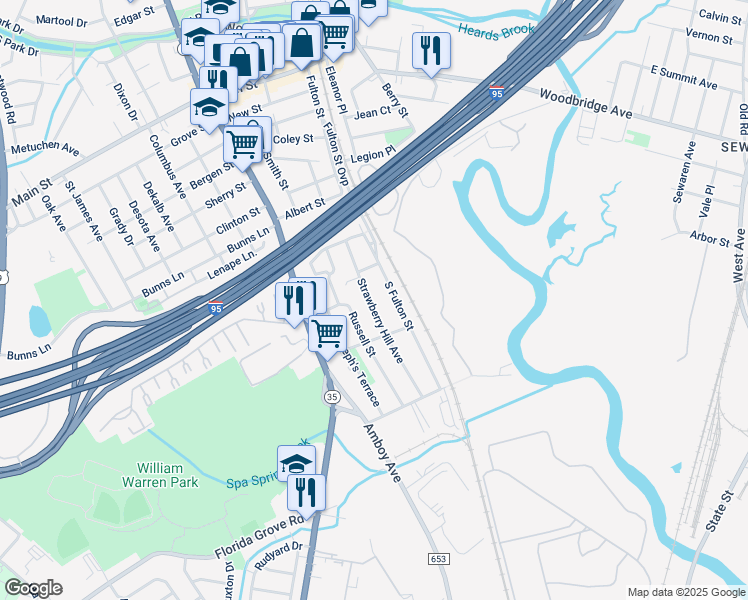 map of restaurants, bars, coffee shops, grocery stores, and more near 156 Strawberry Hill Avenue in Woodbridge Township