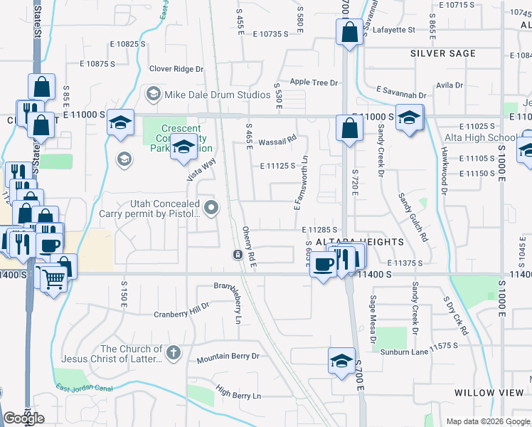 map of restaurants, bars, coffee shops, grocery stores, and more near 11272 Meadow Hill Circle in Sandy