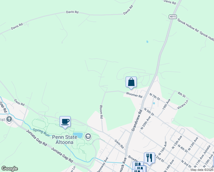 map of restaurants, bars, coffee shops, grocery stores, and more near Woomer Road in Altoona