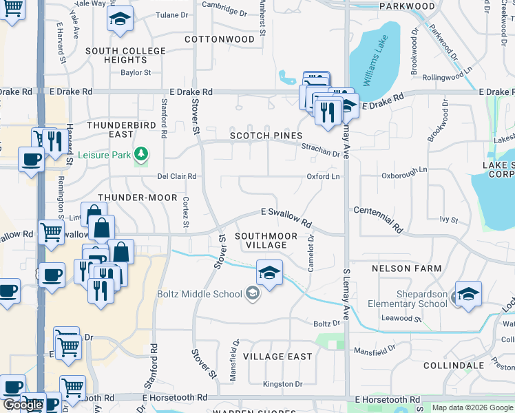 map of restaurants, bars, coffee shops, grocery stores, and more near 809 East Swallow Road in Fort Collins
