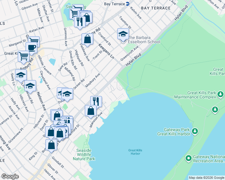 map of restaurants, bars, coffee shops, grocery stores, and more near 34 Yacht Club Cove in Staten Island
