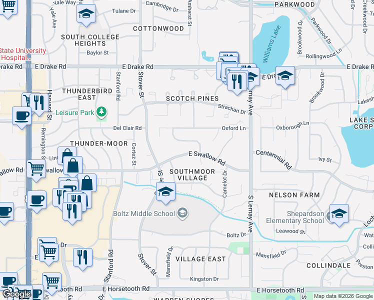 map of restaurants, bars, coffee shops, grocery stores, and more near 809 East Swallow Road in Fort Collins