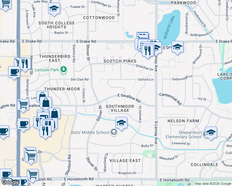 map of restaurants, bars, coffee shops, grocery stores, and more near 809 East Swallow Road in Fort Collins