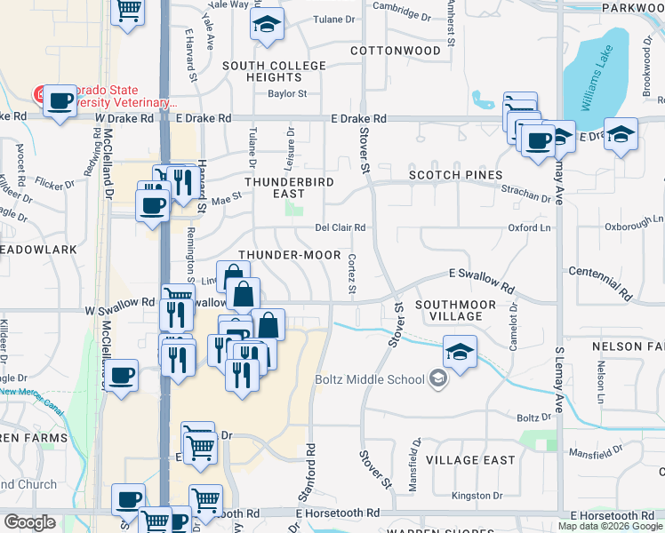 map of restaurants, bars, coffee shops, grocery stores, and more near 3024 Stanford Road in Fort Collins