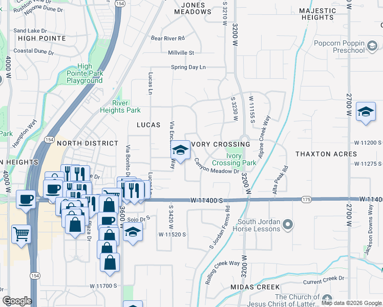 map of restaurants, bars, coffee shops, grocery stores, and more near 3358 Canyon Meadow Drive in South Jordan