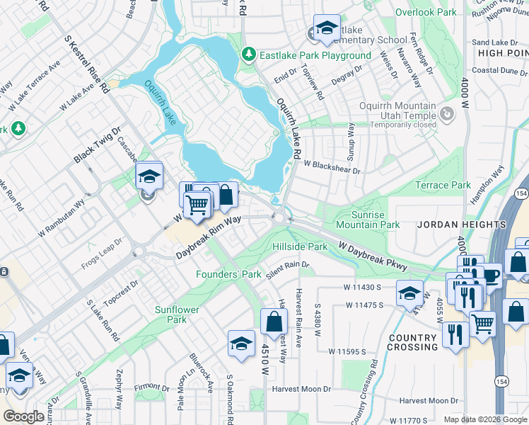 map of restaurants, bars, coffee shops, grocery stores, and more near 11271 High Crest Lane in South Jordan