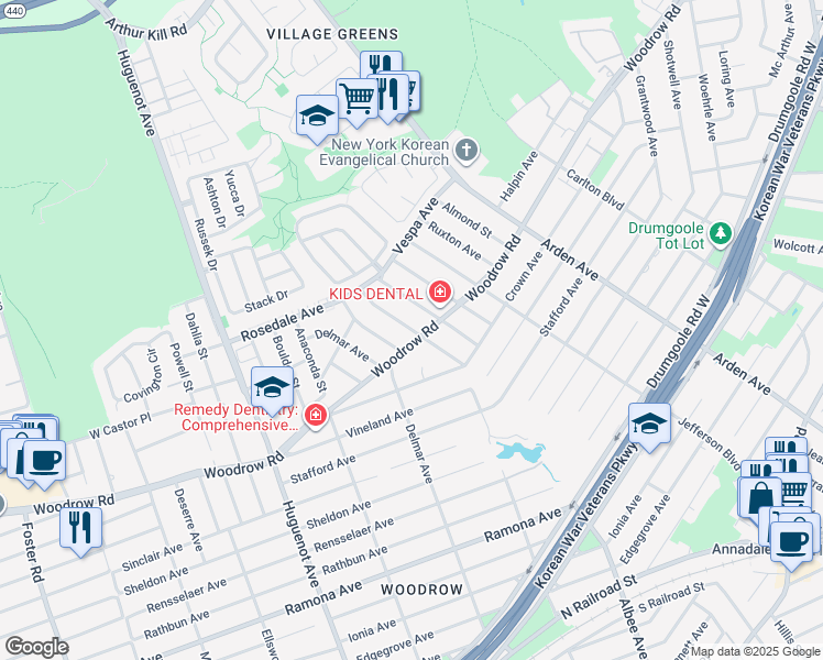 map of restaurants, bars, coffee shops, grocery stores, and more near 798 Woodrow Road in Staten Island