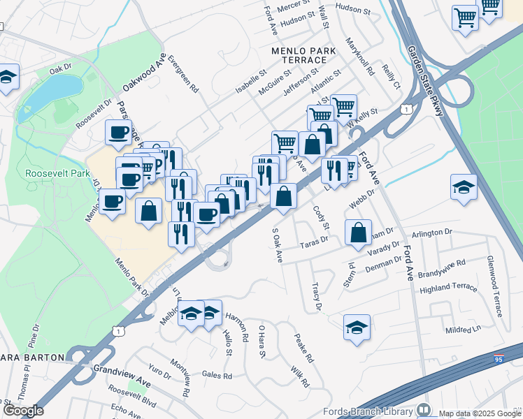 map of restaurants, bars, coffee shops, grocery stores, and more near 8 Lafayette Road in Edison
