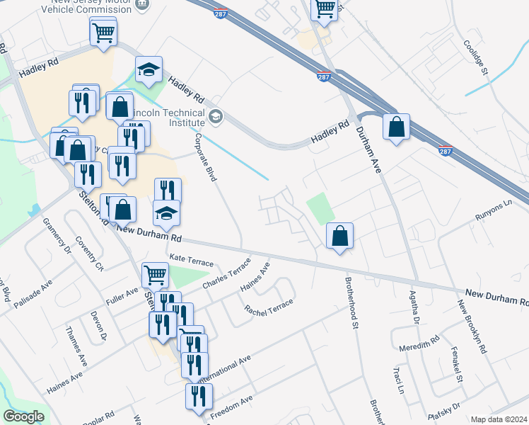 map of restaurants, bars, coffee shops, grocery stores, and more near 717 Lucy Court in South Plainfield