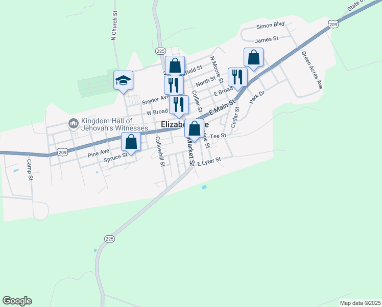 map of restaurants, bars, coffee shops, grocery stores, and more near 77 Mayfield Street in Elizabethville