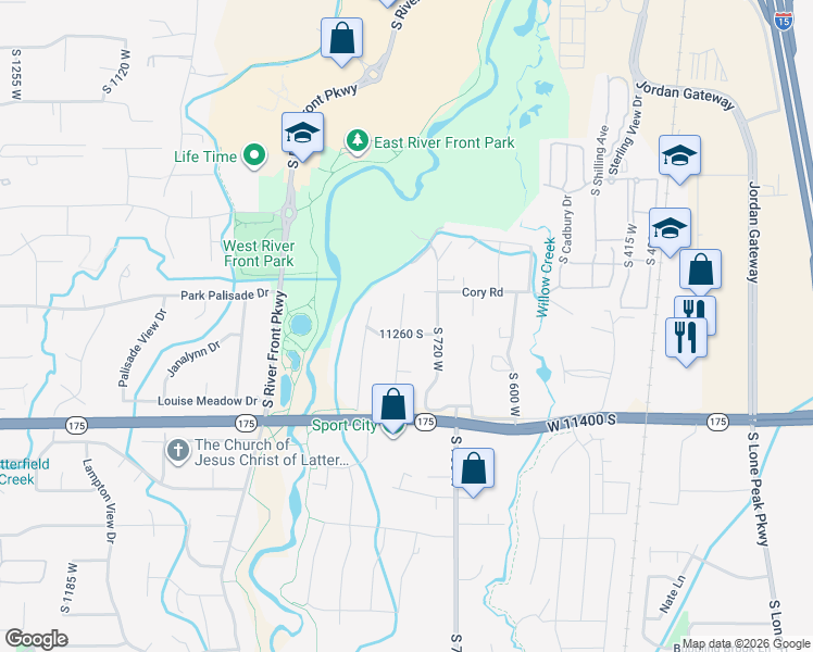 map of restaurants, bars, coffee shops, grocery stores, and more near 11243 Blake Circle in South Jordan