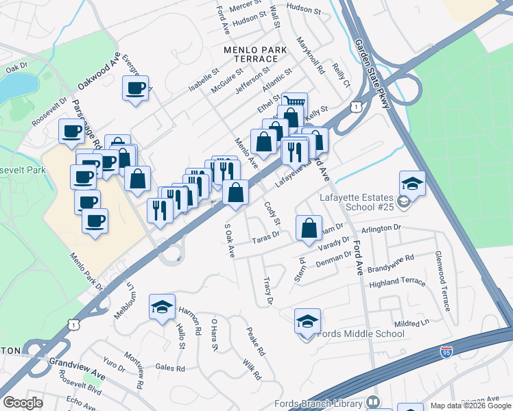 map of restaurants, bars, coffee shops, grocery stores, and more near 18 Penn Street in Woodbridge Township