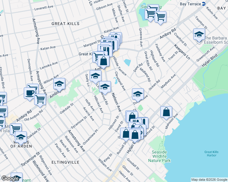 map of restaurants, bars, coffee shops, grocery stores, and more near 160 Nelson Avenue in Staten Island