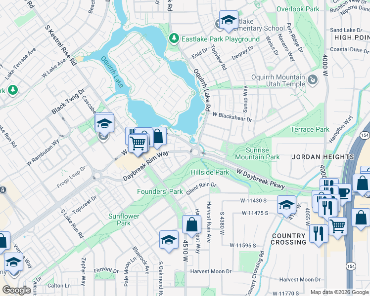 map of restaurants, bars, coffee shops, grocery stores, and more near 4506 Daybreak Rim Way in South Jordan