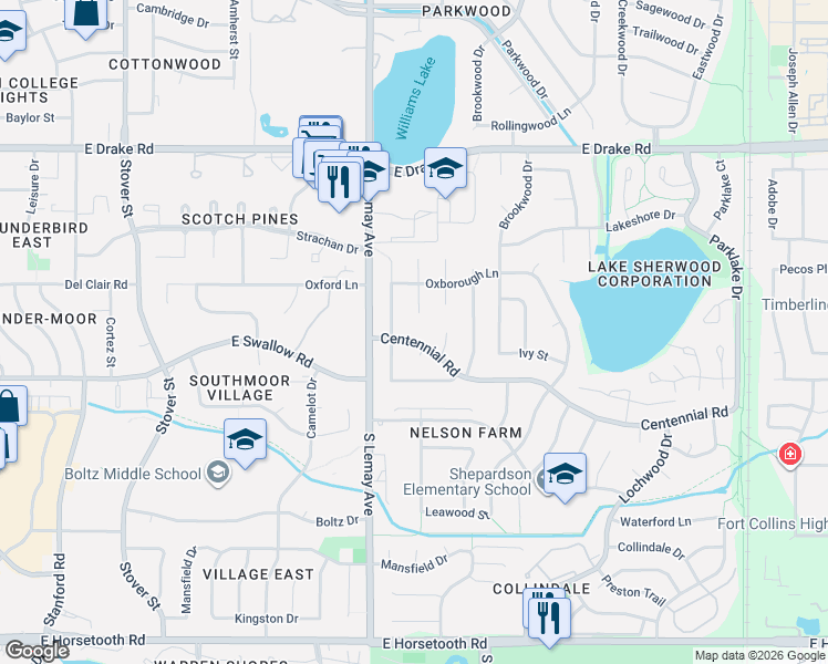 map of restaurants, bars, coffee shops, grocery stores, and more near 3006 Eastborough Drive in Fort Collins